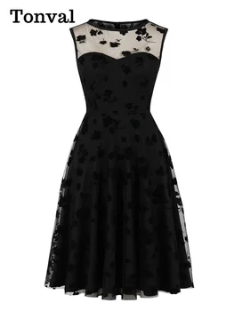 Tonval gėlėmis siuvinėta tinklelio perdanga Elegantiškos juodos suknelės aukštu liemeniu moterims be rankovių A linijos vakarėlio vasaros suknelė