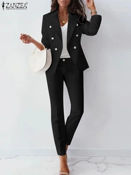 ZANZEA 2PCS Elegant Women Solid Pants Sets Fashion Urban Sportsuit Casual Slim OL Blazer Suits Matching Sets Work Outifits 2023
