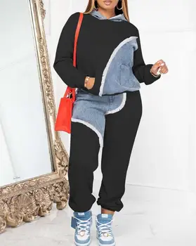 Summer Woman Aprangos rinkiniai Dvi dalys 2023 m. Mada Elegantiškas laisvalaikio džinsinio audinio atspaudas Kišeninis dizainas Kelnės ilgomis rankovėmis su gobtuvu kostiumo drabužiai