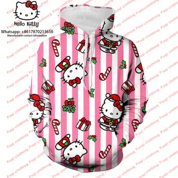 2023 Spring Casual Hello Kitty Kalėdinis megztinis Moteriškas retro O-Neck 3D gatvės laisvas megztinis Hello Kitty ilgomis rankovėmis Kawaii viršus