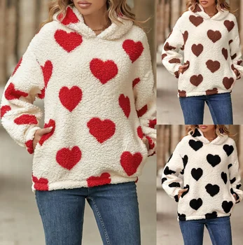 Love Print Plush Coat Fashion Pullover Jacket su gobtuvu moterims 2023 Žieminis laisvas pūkuotas paltas Šilumos paltas Moteriška žieminė striukė