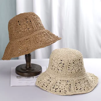 2023 Moteriškos šiaudinės skrybėlės nėrimo kepurė kaušo kepurė UV apsauga nuo saulės skydelis Paplūdimio skrybėlės Moteriški skydeliai Sulankstoma moteriška vasarinė kepurė nuo saulės