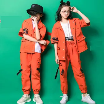 Girls Boys Hiphop Street Ballroom Šokių drabužiai Dėvėti Kids Jazz Hip Hop Šokių kostiumai Oranžinė striukė Viršus Laisvos laisvalaikio kelnės