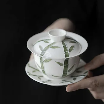 Rankomis dažytas bambukas Gaiwan keramika Didelis baltos arbatos dubuo Paprastas, bet elegantiškas kinų stilius Išskirtinis Kungfu arbatos puodelis