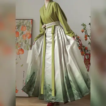 Hanfu 2vnt Rinkiniai Moterims Gradientas Žali marškiniai kryželiu ilgomis rankovėmis +Sijonas Kiniška vintažinė moderni Hanfu suknelė plius dydžiui XL