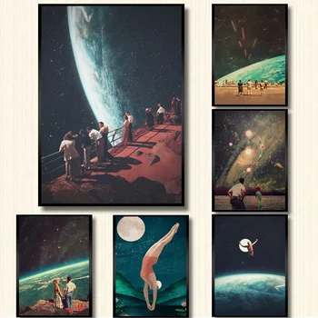 Naktinis dangus Meno atspaudai Žemės drobės plakatai Siurrealizmas Galaktika Kosminė Mėnulio drobė Tapyba Plaukimas Kosminės sienos paveikslėliai Mokslinės fantastikos dekoras