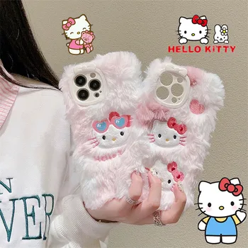 Sanrio Hello Kitty Plush telefono dėklas, skirtas IPhone 15 Pro 14 13 12 11 Pro Max Case Cartoon Girl 3D Winter šiltas smūgiams atsparus galinis dangtelis
