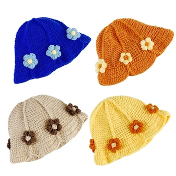 Minkšta ir šilta megzta skrybėlė Vaikai Mielas gėlių raštas Žvejo skrybėlės kaušo kepurė