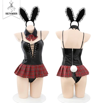 SENMHS Womens Naughty Bunny Girl Sexy Cosplay kostiumai Odos imitacija JK Sweet Maid Jumpbinezonas Kawaii Apatinio trikotažo komplektai Nauji