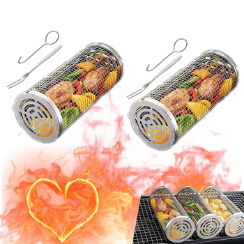 Rolling Grilling Basket-nerūdijančio plieno BBQ grilio tinklelis daržovėms, žuviai ir gruzdintoms bulvytėms, nešiojamas apvalus grilio tinklelis