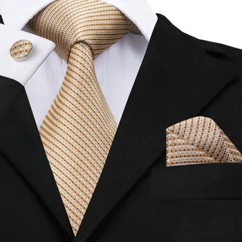 SN-688 Orange Khaki dryžuotas kaklaraištis Hanky rankogalių sąsagų rinkiniai Vyriški 100% šilkiniai kaklaraiščiai vyrams Oficialus vestuvių vakarėlis Jaunikis
