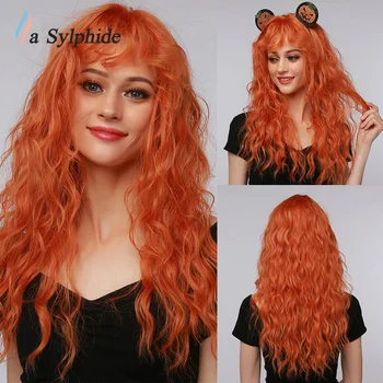 La Sylphide Ilgas oranžinis perukas su kirpčiukais Bangų sintetiniai perukai moteriai HalloWeen Cosplay vakarėlis Mieli garbanoti karščiui atsparūs plaukai