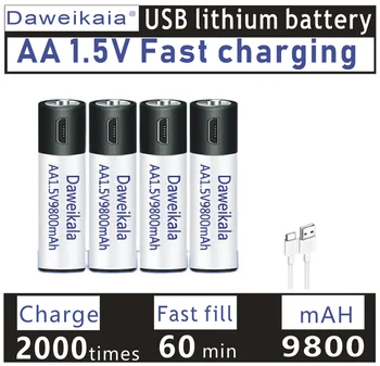 USB Didelės talpos 1.5V AA 9800 mWh įkraunama ličio jonų baterija nuotolinio valdymo pelei mažas ventiliatorius Elektrinė žaislo baterija + kabelis