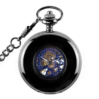 Black Steampunk Skeleton Hollow Case Roman Number Dial Men's Hand Wind Mechanical Movement Pocket Watch with Fob Chain Best Gift