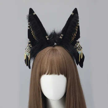 Punk Sheep Ears Shape Headband with Dangle Jewelry Decors Hair Hoop Adult Cosplay Live Broadcast Easter Party Headpiece