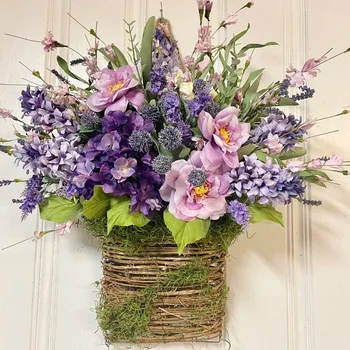 Dirbtinis purpurinis levandų gėlių krepšelis Festivalis Vakarėlis Siena Kabantis vainikas Lango išdėstymas Namų dekoravimas Netikros gėlės Bonsai