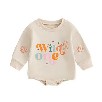 1st Birthday Outfit Girl Wild One Two Long Sleeve Letter Sweatshirt Romper Body Suit Fall Clothes