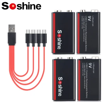 Soshine 9V 500mAh Low Savaiminio išsikrovimo baterija 9 voltų 500 mAh ličio jonų įkraunamos baterijos su 4-in-1 USB kabeliu 4 metų galiojimo laikas