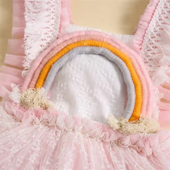Infant Baby Girl Pink Nėrinių romperio suknelė Ruffle rankovė V-Back Princess Rainbow Mesh Tutu suknelė Vasaros sundress