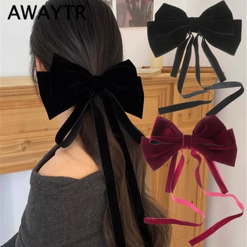 AWAYTR Girls Black Red Velvet Big Bow Hair Clip for Women Vintage Wedding Long Ribbon Korean Hair Pin Barrette Hair Accessories