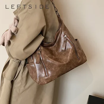 LEFTSIDE Retro Solid Color Design Fashion Moteriška rankinė 2023 m. Žiema PU odinis užtrauktukas Dizainas Pažastų krepšiai Pažastų krepšiai Bolsas
