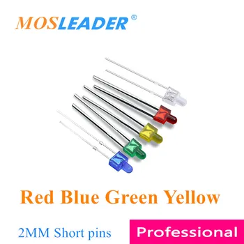 Mosleader 1000PCS DIP LED 2MM raudona mėlyna žalia geltona Trumpi kaiščiai F2 mažas spenelių šviesos diodas Skaidrus spalvos posūkis