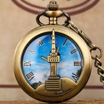 Bronzinis N Seulo bokšto kvarco analoginių kišeninių laikrodžių kolekcija Suvenyrų pakabukas Vėrinys Kišeninis laikrodis Antikvarinės stilingos dovanos Unisex