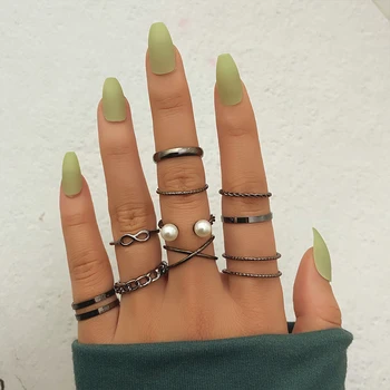KISSWIFE 10vnt Punk Steel Color Wide Chain Rings Set for Women Girls Fashion Irregular Finger Thin Rings Female Knuckle Jewelry