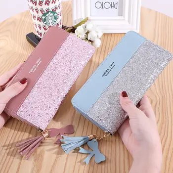 Luxury Sequin Patchwork Long Wallet for Women Pu Leather Clutch Phone Bag Card Holder Ladies Coin Purse Female Money Clips
