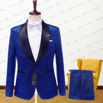 Vyriškas vestuvinis kostiumas 2023 m. Itališko dizaino Navy Blue Jacquard Custom Made Smoking Tuxedo Jacket 2 Piece Groom Terno kostiumas vyrams