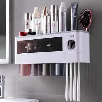 Dantų šepetėlio laikiklis vonios kambario daugiafunkciams namų apyvokos daiktams Automatinis dantų pastos spaustuvas Laikymo lentynos Namų vonios kambario aksesuarai